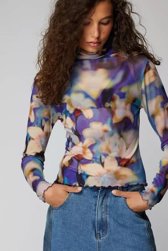 Printed Mesh High Neck Top