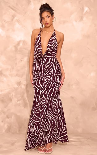 Brown Zebra Print Open Back Halter Neck Maxi Dress