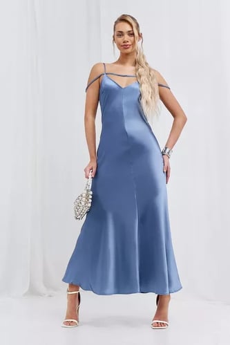SATIN STRAPPY PLUNGE MAXI SLIP DRESS