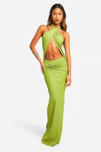 TEXTURED HALTERNECK CUT OUT TRIM MAXI DRESS