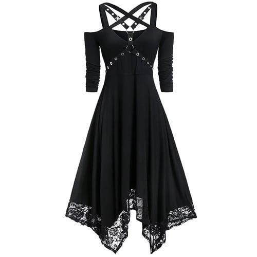 Cold Shoulder Goth Clothes Half Sleeve Ball Gown Lace