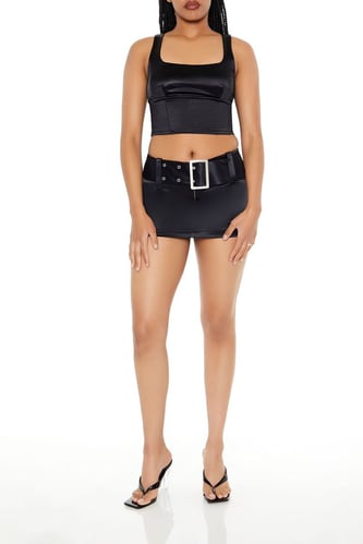 Belted Satin Micro Mini Skirt