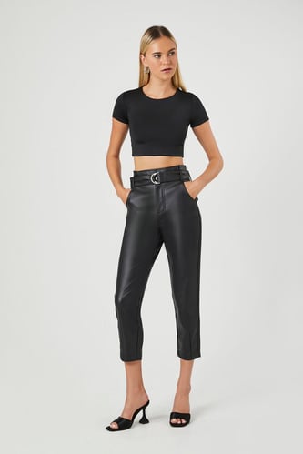 Belted Cropped Faux Leather Pants