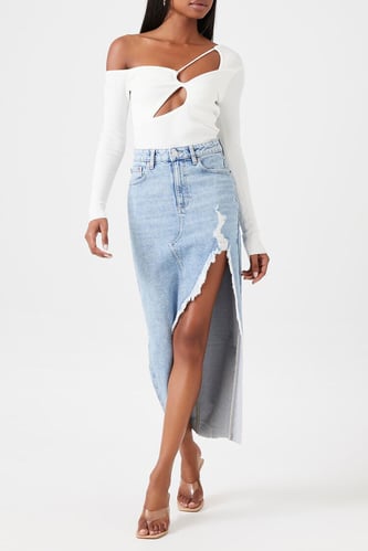 Frayed Denim Midi Skirt