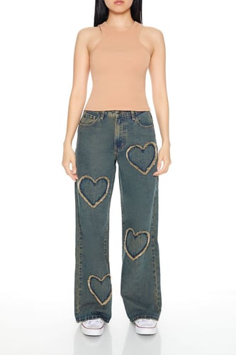 Frayed Heart Wide-Leg Jeans