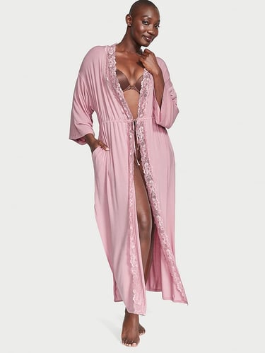 Modal & Lace Trim High-Slit Maxi Robe