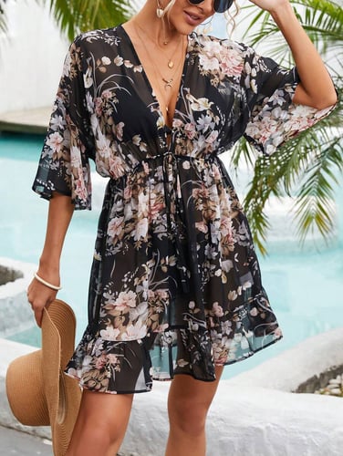 SHEIN VCAY Floral Print Tie Front Ruffle Hem Cover Up Without Bikini Set