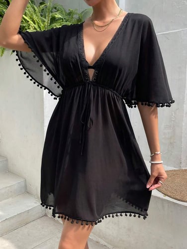 SHEIN Swim Basics Pom Pom Trim Tie Front Cover Up Swimsuit Cover Up Dress