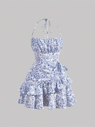 SHEIN MOD Floral Print Ruffle Trim Tie Backless Ruched Bust Layered Halter Summer Short Dress
