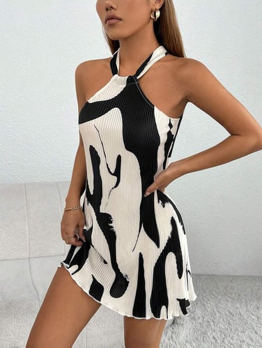 SHEIN PETITE Graphic Print Lettuce Trim Halter Short Summer Dress