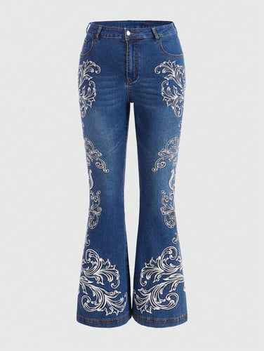 ROMWE Goth Plus Floral Print Flare Leg Jeans