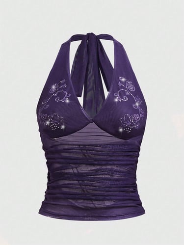 Women's Mesh Halter Floral Rhinestone Embellished Waist Pleated Top