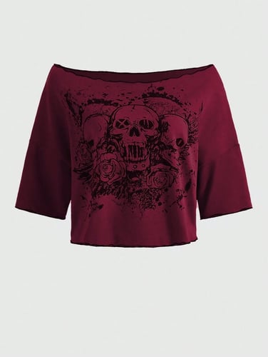ROMWE Grunge Punk Skull & Floral Print Off Shoulder Tee