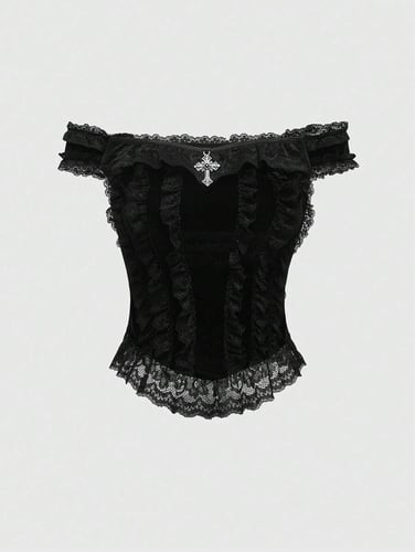 Gothic Palace Style Cross Decoration Lace Trim Velvet Off Shoulder Women Top