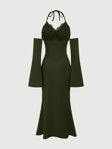 Gothic Sexy V-Neck Off Shoulder Flared Sleeve Slit Hem Bodycon Dress