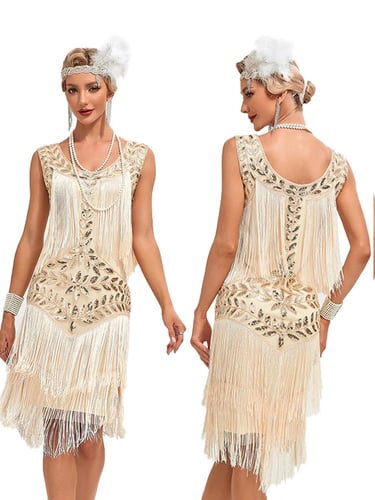 1920S V-NECK SEQUINED MESH MERMAID DRESS