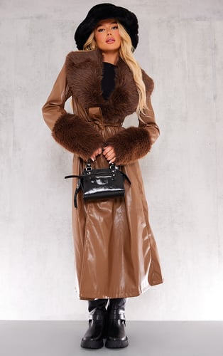 Taupe Premium Faux Fur Trim Faux Leather Belted Trench Coat