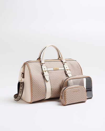 Brown Monogram Buckle Strap Travel Bag Set