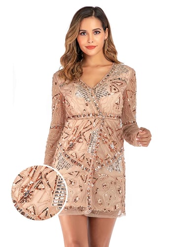 PINK 1920S SEQUINED LONG SLEEVE DRESS