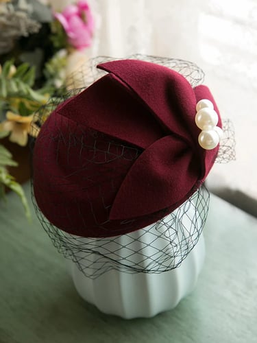 VINTAGE PEARL DECOR MESH BERETS WOOLEN HAT