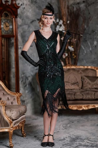 DARK GREEN 1920S SEQUINED FLAPPER DRESS