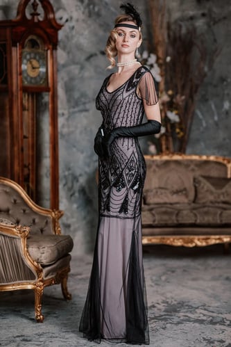 PINK 1920S CAP SLEEVE SEQUIN EVENING DRESS