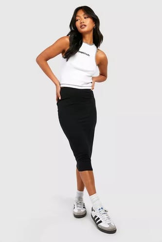 BASIC SOLID BLACK HIGH WAISTED MIDI SKIRT