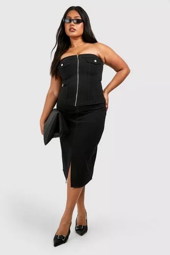 PLUS DENIM SPLIT MIDI SKIRT