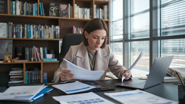 A woman in an office setting reviewing a document while conducting comprehensive research on proposal management