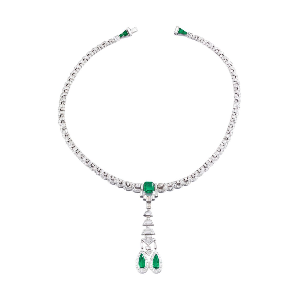 Lot 179, a Van Cleef and Arpels emerald and diamond necklace sold for 174,000 Euros