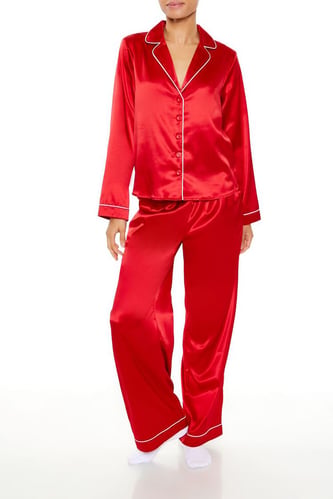Piped-Trim Shirt & Pants Pajama Set
