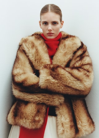 Coat with fur-effect lapels