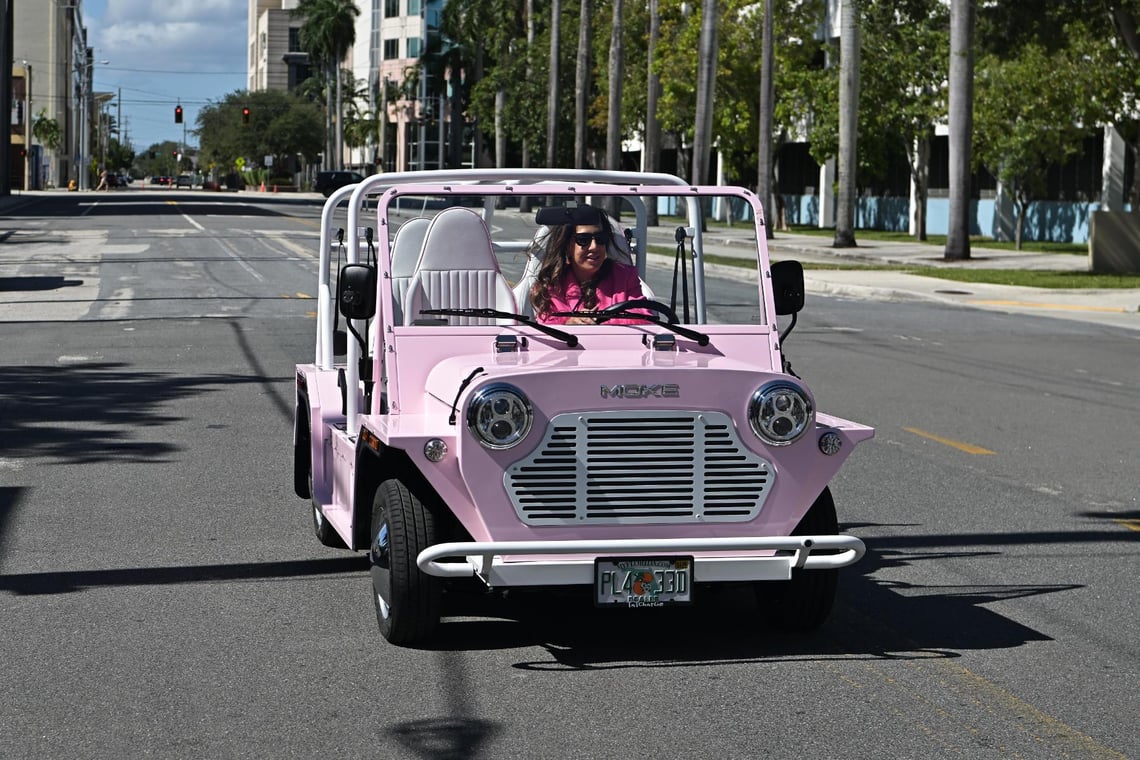 FLIFF Chair Lisa Grigorian in PINK Moke at Savor Cinema during FLIFF opening weekend with screening of documentary _Naked Illusion_