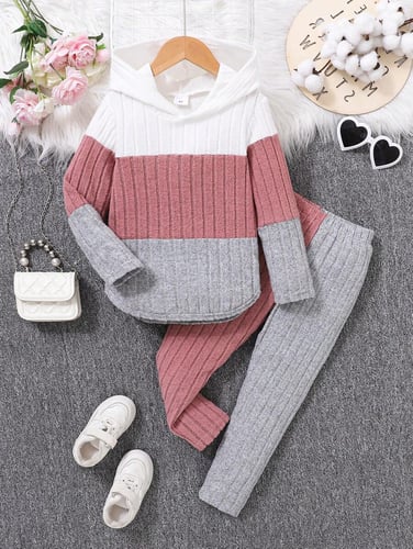 Young Girl Casual Color Block Ribbed Hoodie And Pants Set, Autumn/Winter