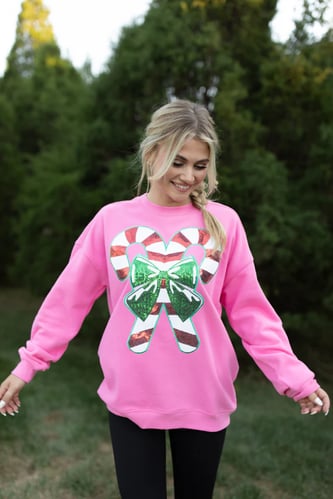 Candy Cane Sequins Patch Pink Oversized Graphic Sweatshirt