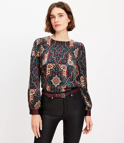 Geo Border Satin Puff Sleeve Blouse