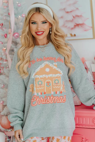 I'll Be Home For Christmas Light Grey Oversized Graphic Sweatshirt Macy Blackwell X Pink Lily