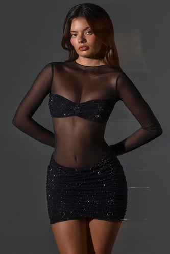 Noel Sheer Panelled Long Sleeve Mini Dress in Black