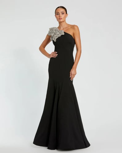 Mac Duggal Black Crepe One Shoulder Gown With Flower