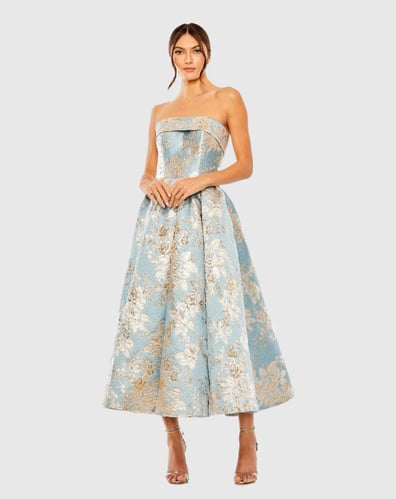 Mac Duggal Strapless Brocade Midi Dress with Pockets