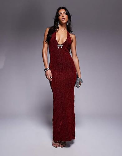 sparkle scoop plunge neck maxi dress with diamante trim detail in burgundy