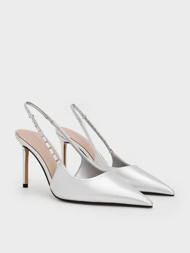 Metallic Embellished-Strap Pointed-Toe Slingback Pumps - Silver