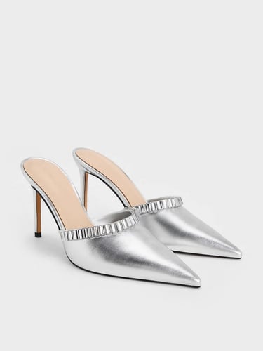 Metallic Crystal-Embellished Pointed-Toe Heeled Mules - Silver