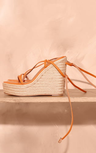 Orange PU Round Toe Asymmetric Strap Espadrille High Wedges