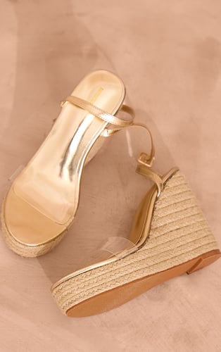 Gold PU Round Toe Perspex Strap Heeled Wedges