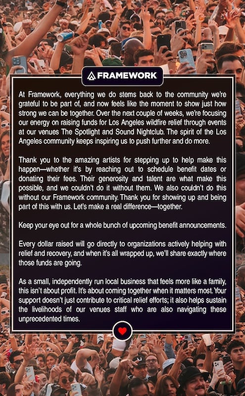 Official statement from Framework, posted to Instagram on January 15, 2025