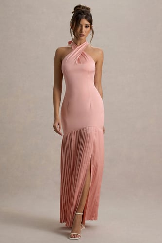 Light Pink Satin Cross Halter-Neck Plisse Maxi Dress