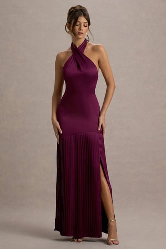 Burgundy Satin Cross Halter-Neck Plisse Maxi Dress