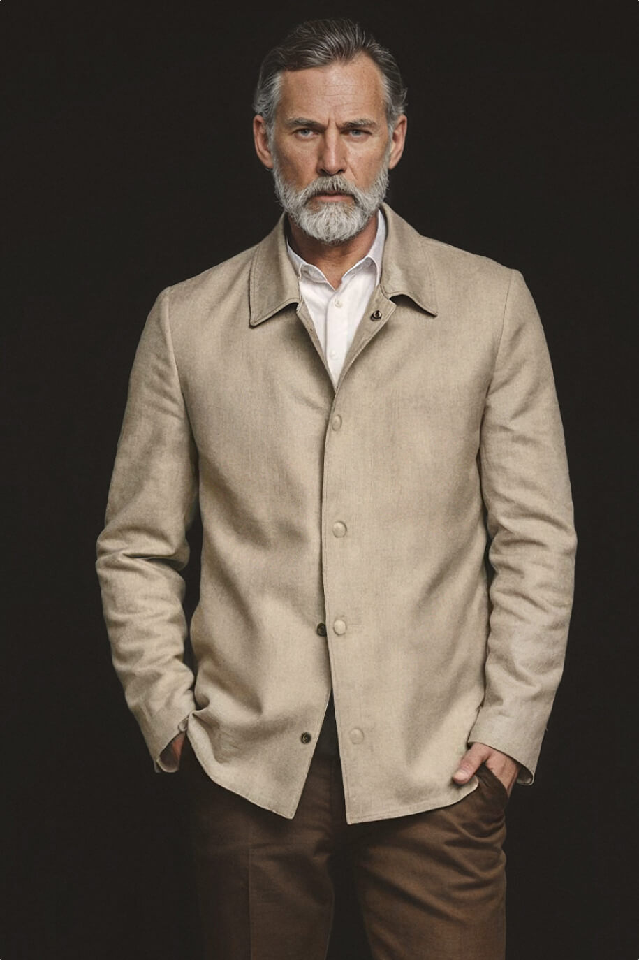 Beige linen shawl with collar PVP 259 € / White shirt PVP 69 € / Brown linen trousers limited edition PVP 169 € / Brown linen trousers limited edition PVP 169 € / White shirt PVP 69 € / White shirt PVP 69 € / Brown linen trousers limited edition PVP 169 €