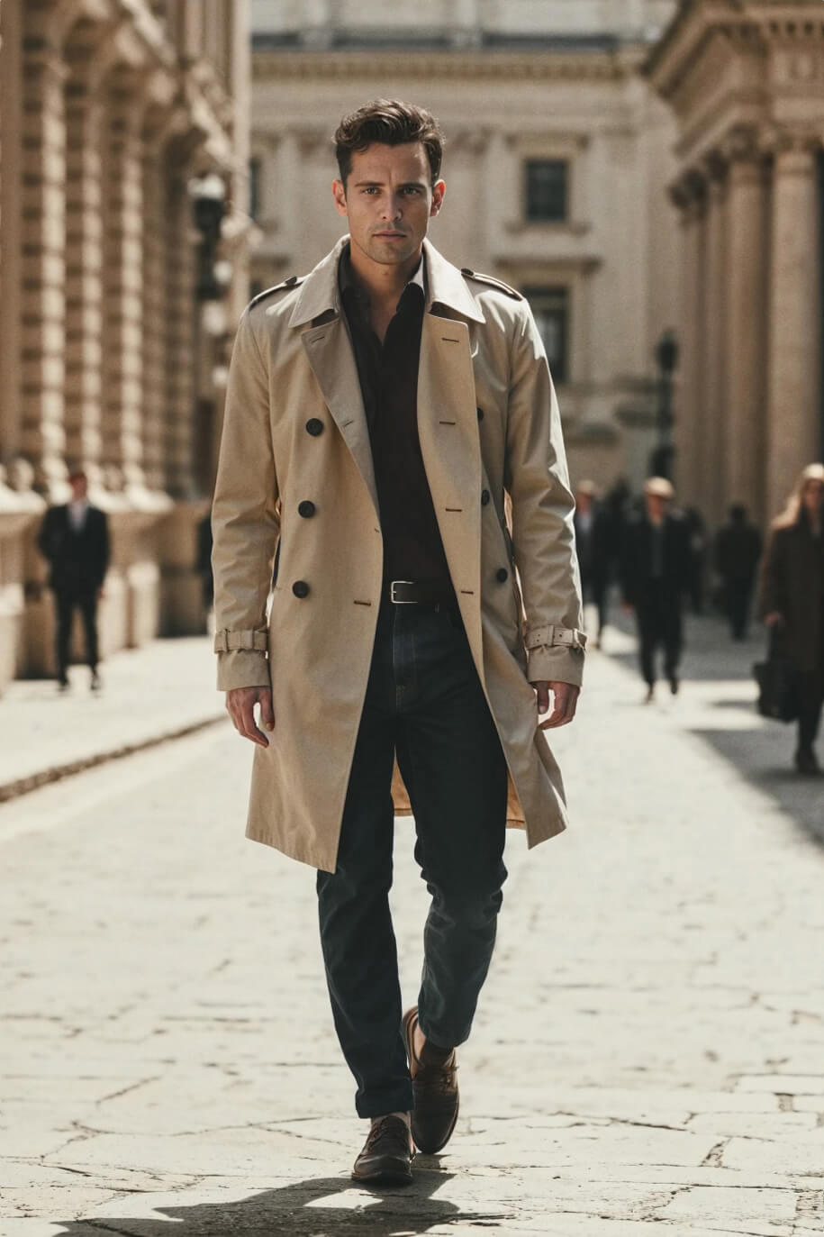 Beige trench coat with belt and shoulder strap RRP 289 € Hockerty / Deep brown linen shirt RRP 89 € Hockerty / Blue straight fit jeans RRP 119 € Hockerty / Brown split leather oxford shoes RRP 173 € Hockerty.